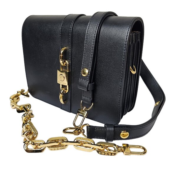 LOUIS VUITTON Rendez-Vous Black Leather Chain Shoulder Bag 2 Straps Small LV - Picture 6 of 16
